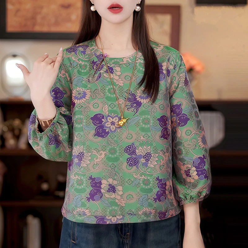 2025早秋新中式国风绿色提花圆领衬衫女改良唐装洋气减龄小衫上衣