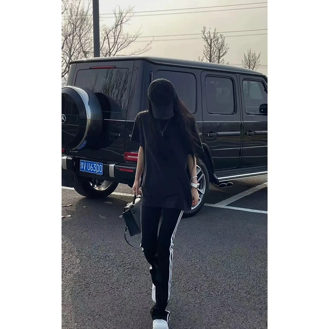 徐秋阳  白边微喇小黑裤   撞色条纹显瘦百搭休闲裤9051