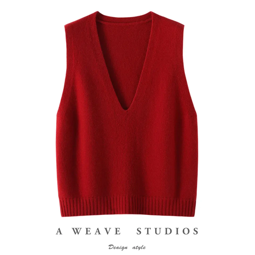 大V领100%纯羊毛针织马甲女MS8870新款无袖叠穿外搭毛衣背心