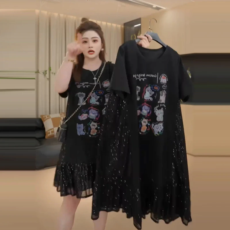 大码小猫印花珠片连衣裙女夏季胖mm显瘦减龄宽松遮肉慵懒T恤裙子