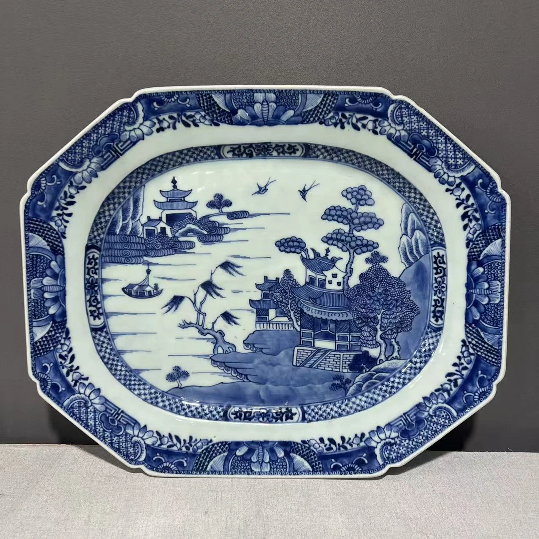 A0816072清康熙  青花山水楼阁八方倭角盘（长44.5 宽36.5 高3.6）