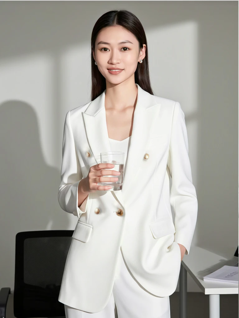 白色高级两件套手工西服套装裤子时尚商务修身职业网红双排扣