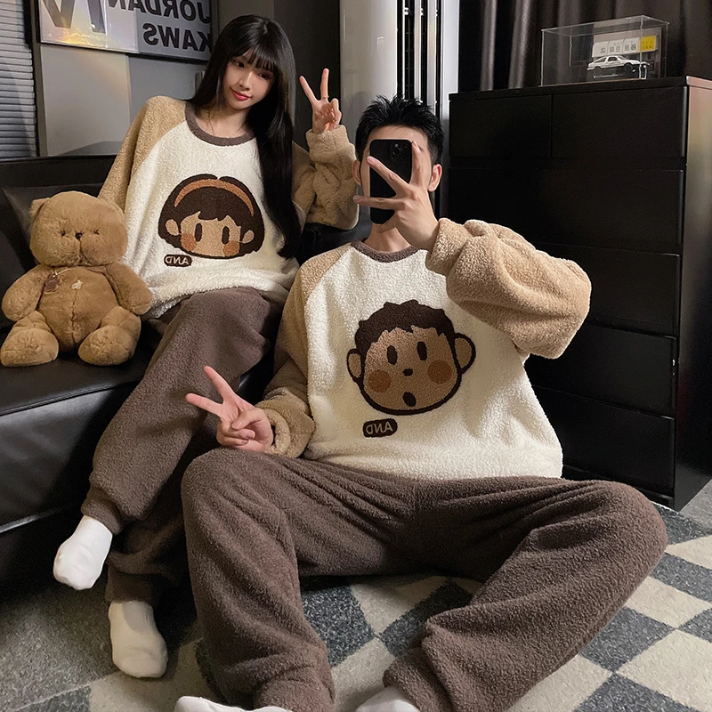 半边绒情侣睡衣女款秋冬季珊瑚绒加绒加厚保暖卡通冬天男士家居服