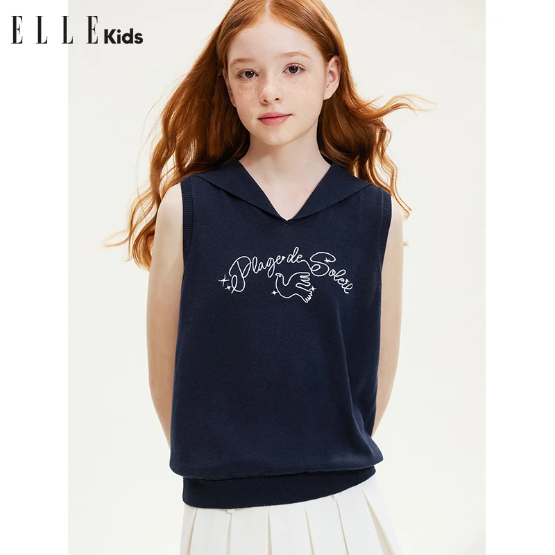 ELLE KIDS 刺绣烫珠无袖针织衫女儿童夏季新款水手领撞色上衣X2