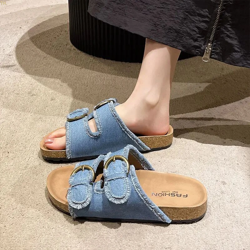 牛仔布勃肯拖鞋女夏季外穿2025新款法式百搭气质厚底沙滩一字凉拖