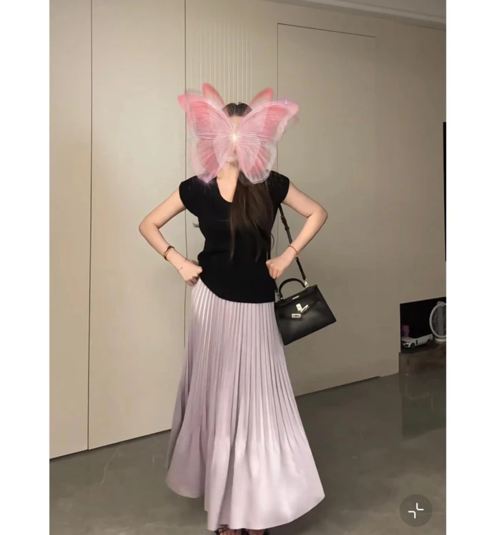 运补｝现货大码女装修身U领针织T恤高级感垂坠缎光百褶半身裙