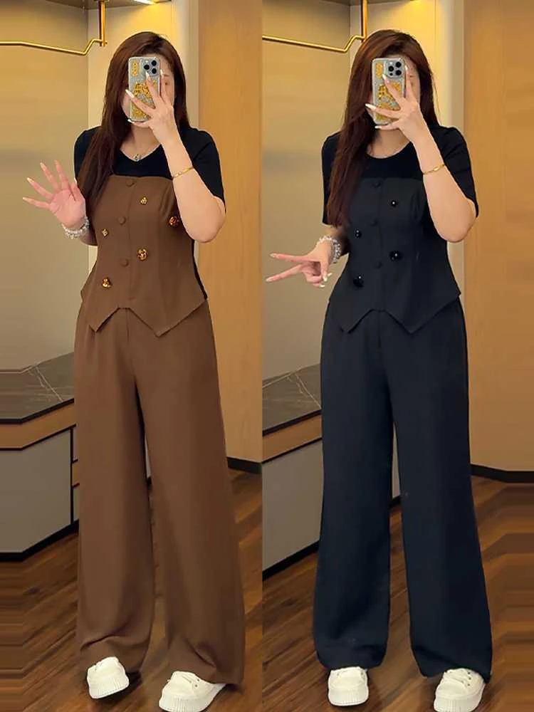 大码胖mm独特显瘦夏季新款套装设计感短袖T恤时尚舒适休闲长裤子