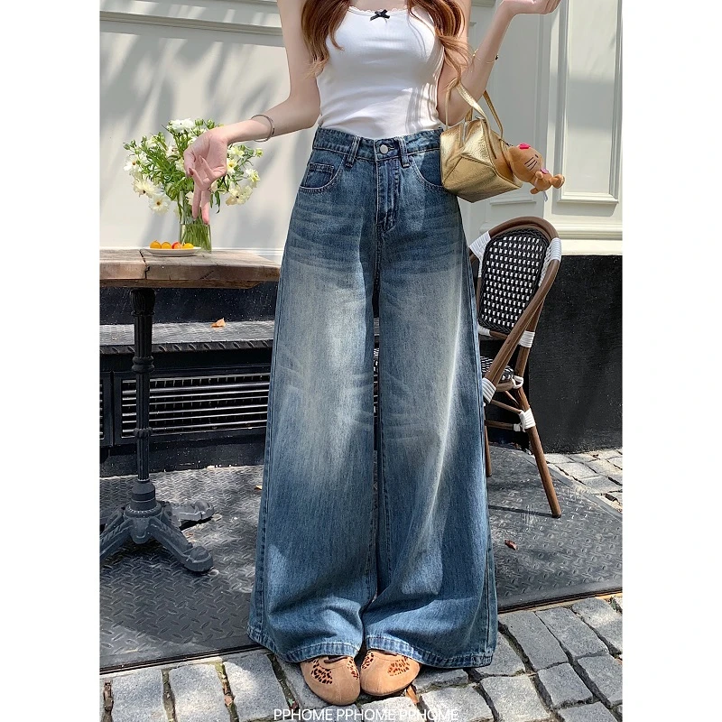 PPHOME自制~调性牛仔 复古水洗做旧牛仔裤垂感阔腿直筒显瘦长裤女