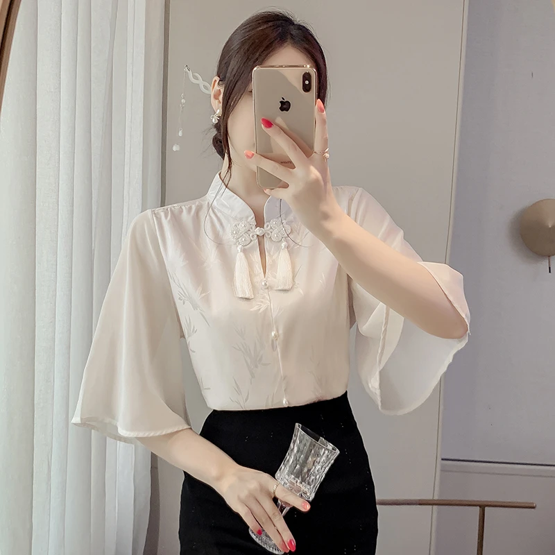 新中式立领中袖衬衫女夏季2024春夏装新款国风上衣女士盘扣小衫女