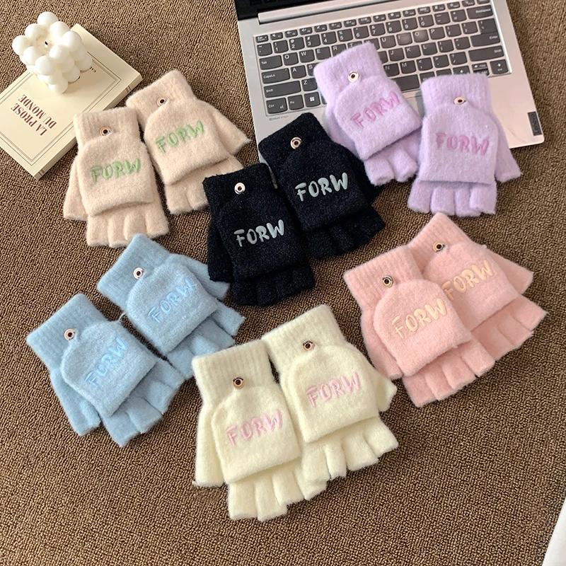 毛线手套半指保暖手套女生冬季学生加绒可爱翻盖韩版防寒写字露指