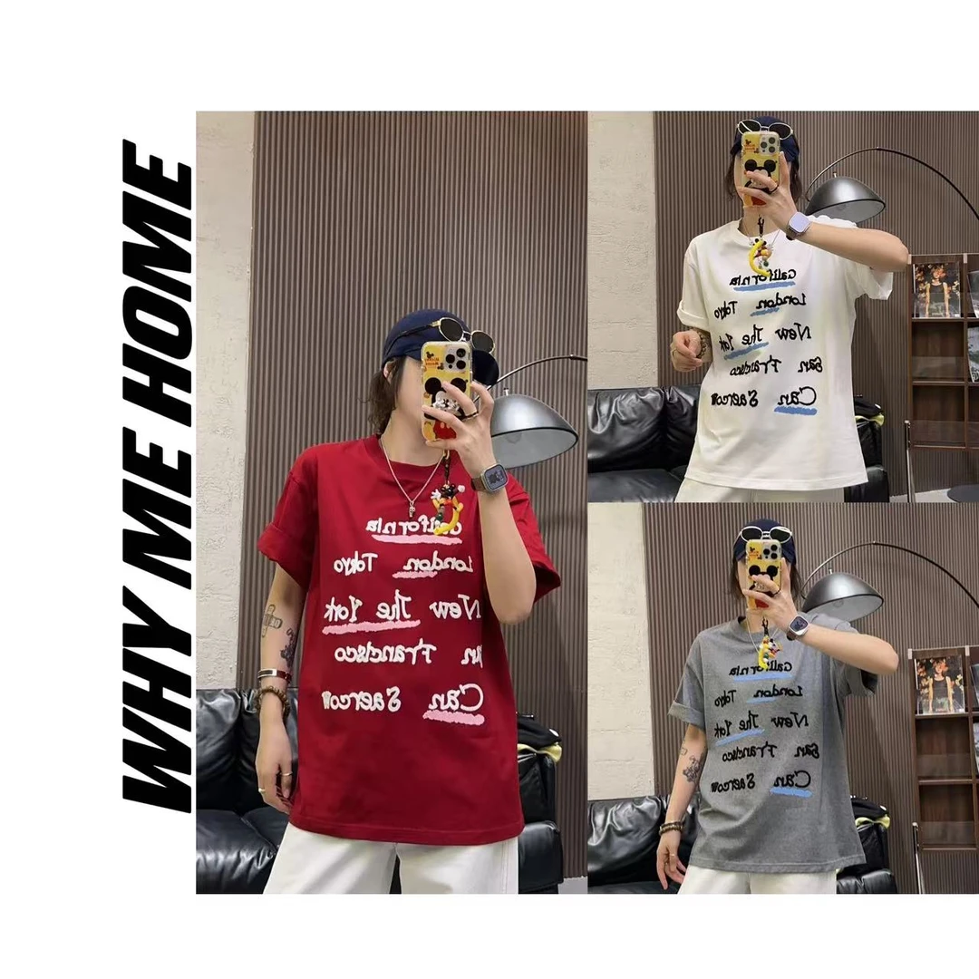 【调色盘 】韩版休闲百搭字母毛巾绣设计后背印花潮流夏季T恤8878