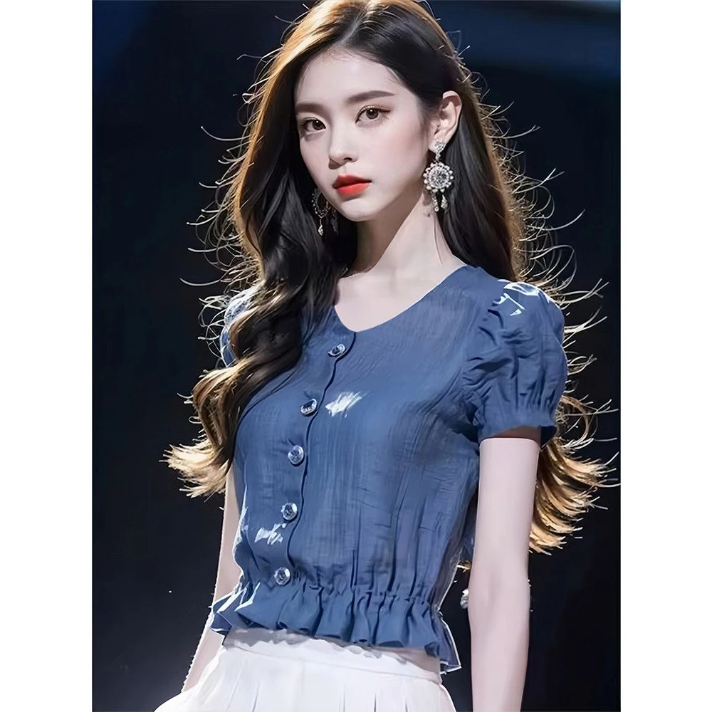 蓝色短袖衬衫女夏季短款洋气卡腰小衫时尚时髦法式高级感雪纺上衣