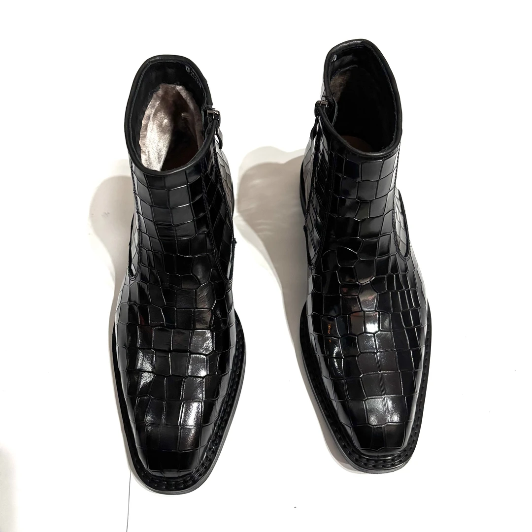 鳄鱼休闲风切尔西真皮底英伦风拉链短靴