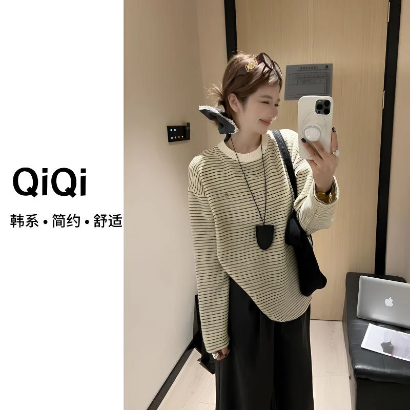 七七定制「绒毛条纹」韩系品质女装早春新款百搭宽松女卫衣C-9528