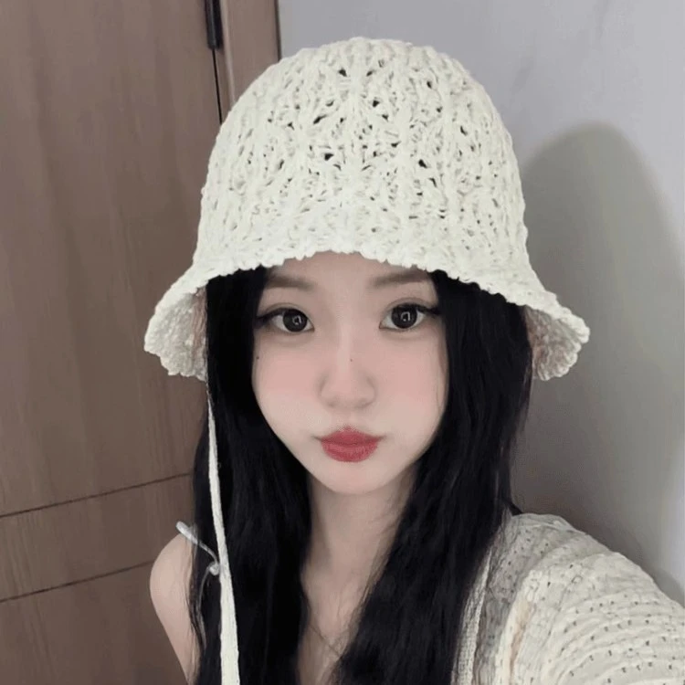 涤纶系带针织遮阳帽女夏季薄款镂空渔夫帽子透气显脸小简约百搭水
