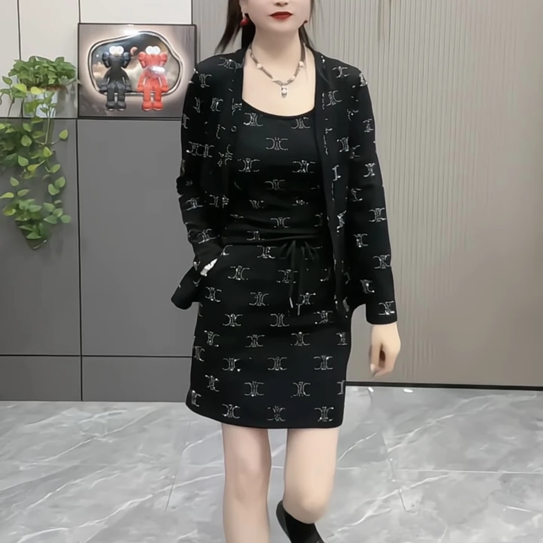 2025春夏季新款满天星烫钻洋气三件套女时尚显瘦简约潮流网红