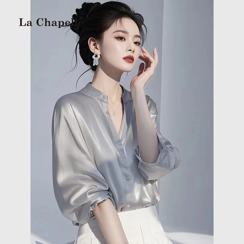拉夏贝尔2025春夏新款灰色衬衫女轻奢高级感减龄洋气法式气质上衣