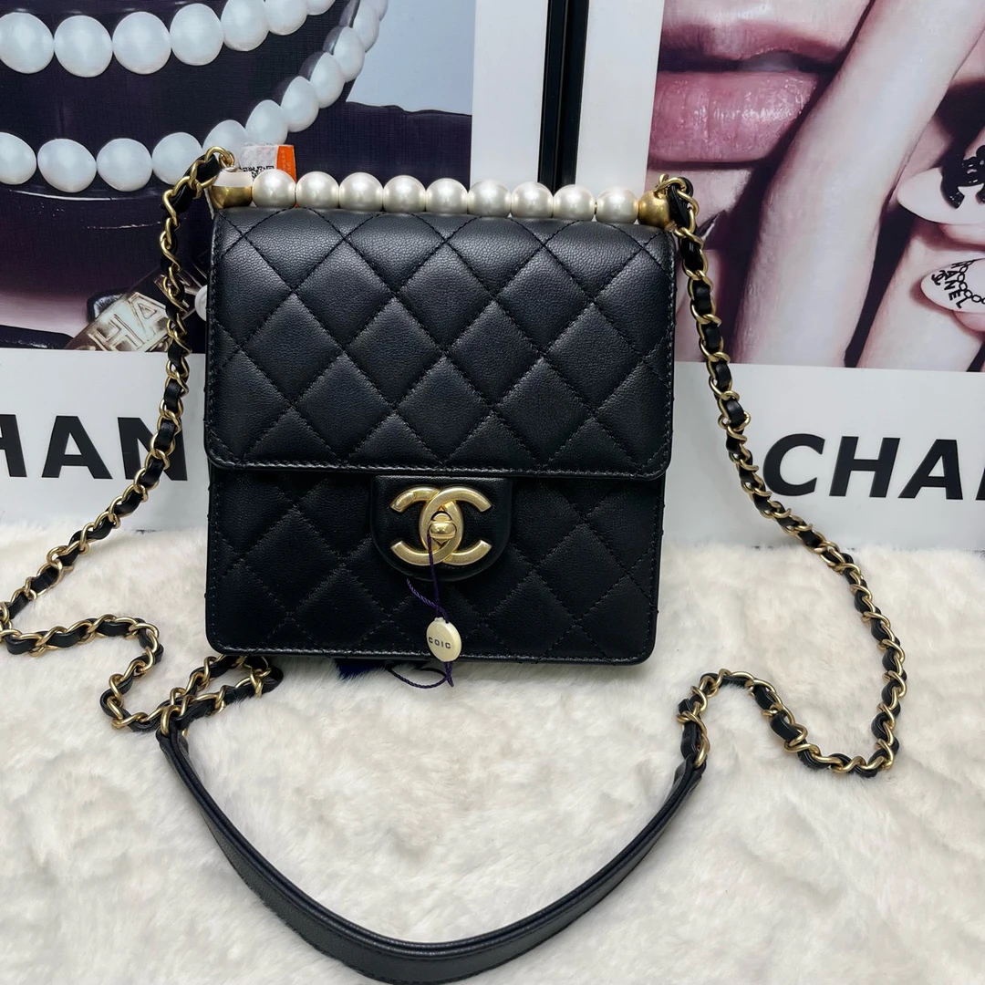 95新 Chanel/香奈儿 香奈儿黑金竖版珍珠口盖包