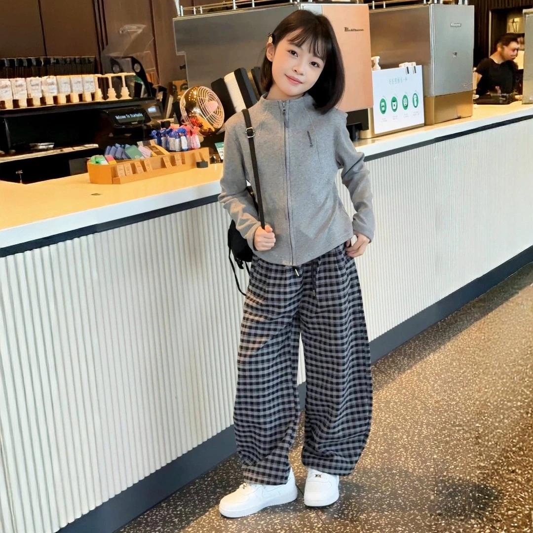 女童秋装休闲套装2025新款韩版洋气童装女孩春秋开衫格子裤两件套