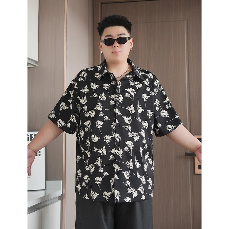 高级感印花衬衣男宽松短袖单穿上衣休闲冰丝寸衫港风大码花衬衫