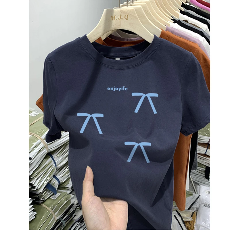 今年流行藏蓝色蝴蝶结印花圆领t恤女2025新款高级感百搭气质上衣