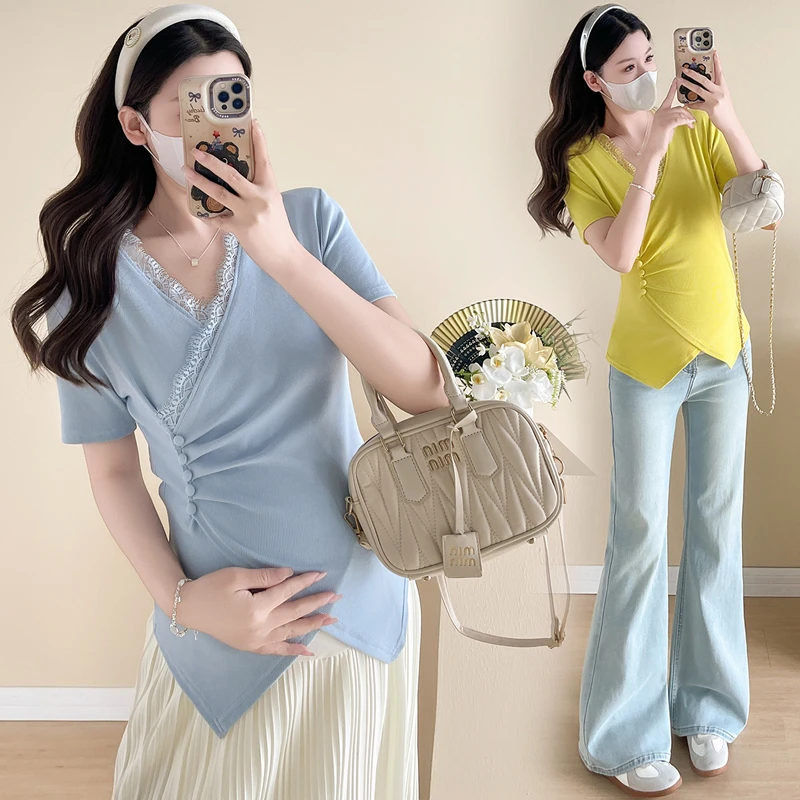 孕妇装2025年夏季时尚清新花边领上衣修身可哺乳显瘦孕妇打底T恤