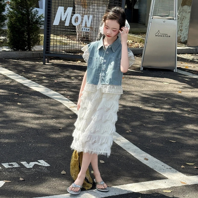 女童连衣裙套装2025新款洋气儿童夏季牛仔马甲女孩夏装背心裙子潮