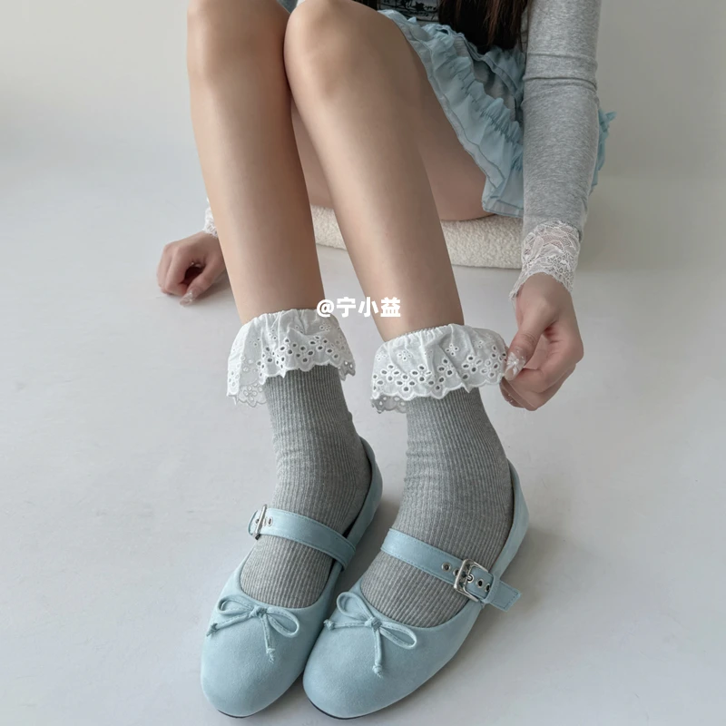 宁小益蕾丝花边中筒袜子女春夏薄款灰色法式甜美堆堆袜lolita棉袜