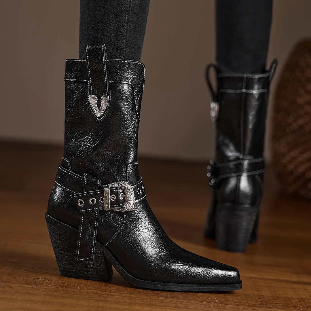 2025秋冬新款西部靴皮带扣装饰中筒切尔西靴黑色尖头坡跟骑士靴女