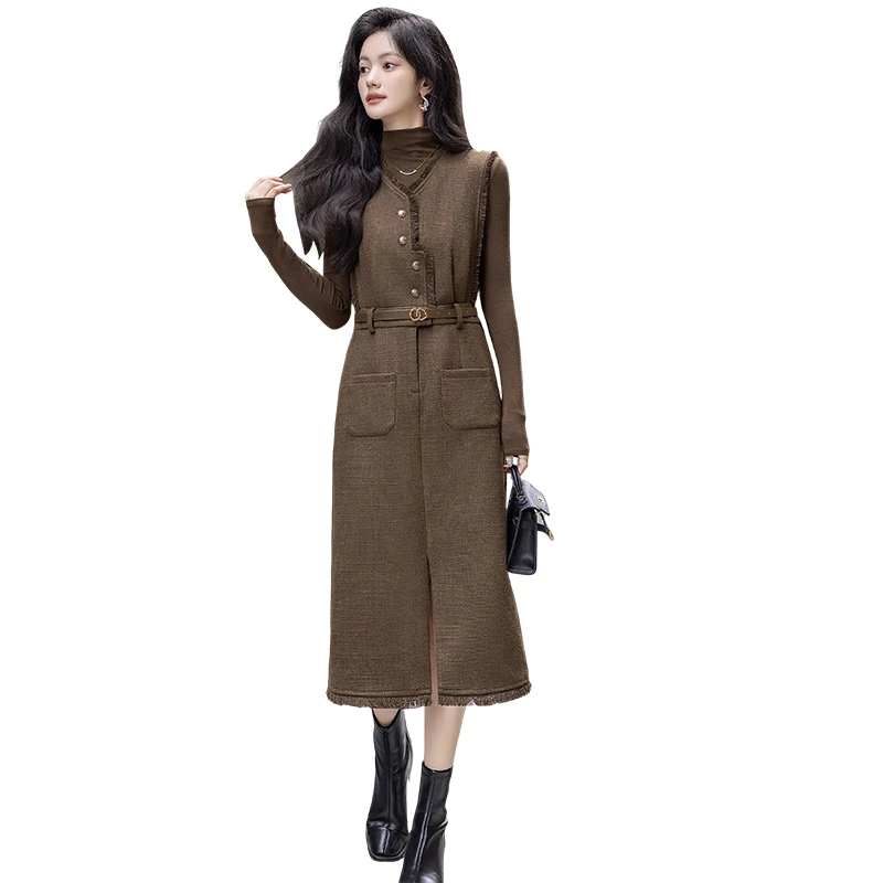 丝柏舍2024秋冬新款女中长款无袖高腰流苏复古V领连衣裙S43R6158L