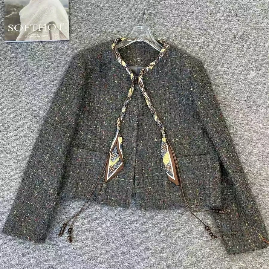 M胸106长52粗花呢高级感杂色亮丝丝巾撞色开衫外套上衣 3581