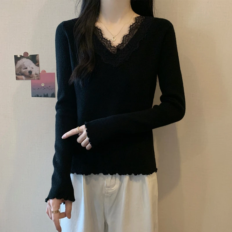木耳边针织打底衫秋冬v领蕾丝边修身显瘦遮肚子胖mm大码内搭小衫