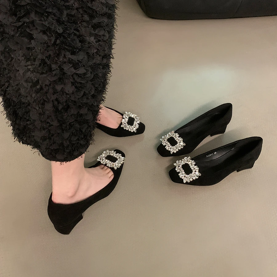 法式粗跟气质单鞋女鞋子晚风通勤鞋2025新款黑色水钻高级感晚