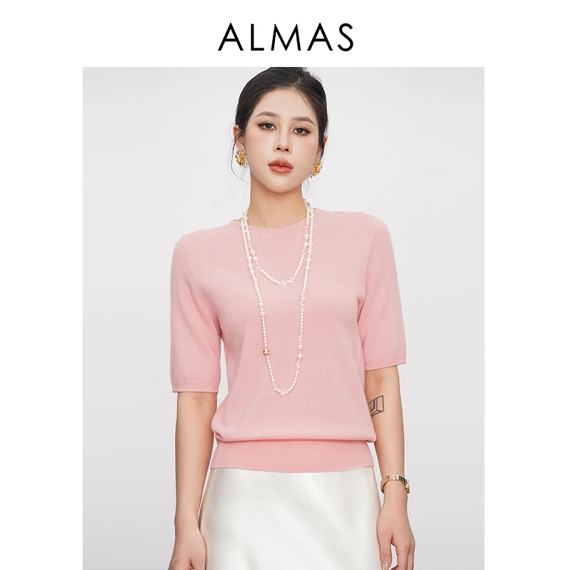 ALMAS品牌25年SS100羊毛宽松圆领短袖温婉风纯色羊毛衫MSY2306