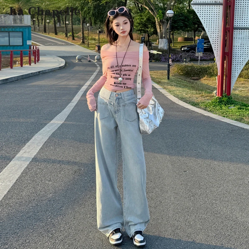 拉夏贝尔浅色窄版阔腿牛仔裤女夏季新款2025宽松高腰小个子拖地裤