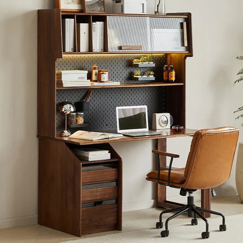 当途黑胡桃木书桌书架一体家用工作台卧室梳妆台多用桌原木