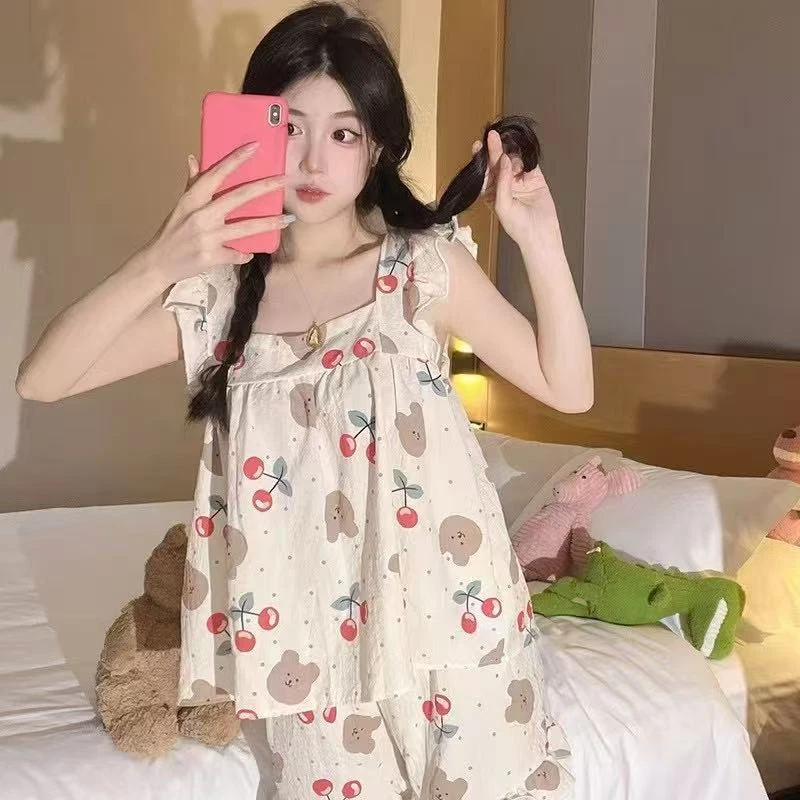 薄款夏季家居服短裤套装少女夏季睡衣学生公主风吊带宽松