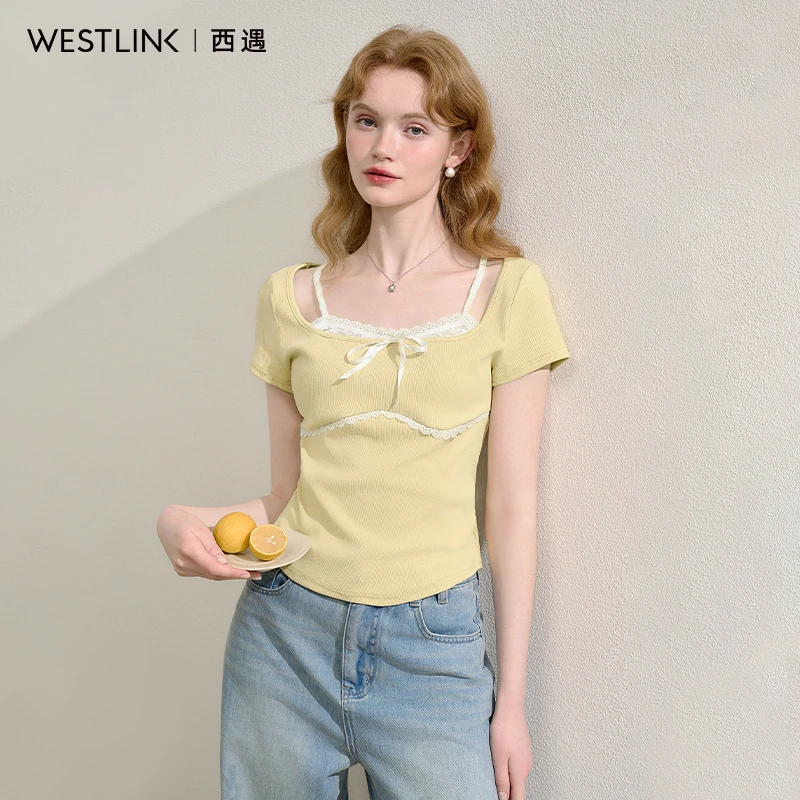 0351【纯欲少女感】拼接蕾丝假两件短款T恤女2025夏季蝴蝶结上衣