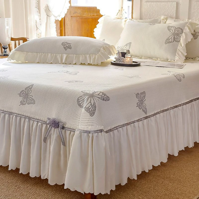 水星高端系列家纺夏季凉感冰丝凉席夏被四件套公主风蕾丝边软席三