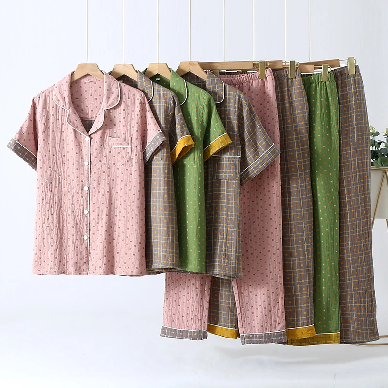 女士短袖100%全棉男士女士睡衣短袖全棉双层纱薄款情侣家居服