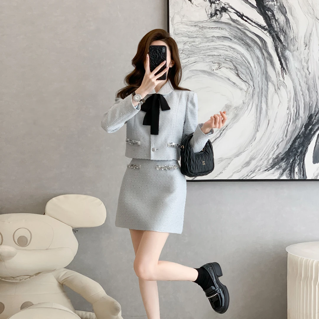 小香风洋气西装时尚套装女秋冬新款气质名媛短裙蝴蝶结外套两件套