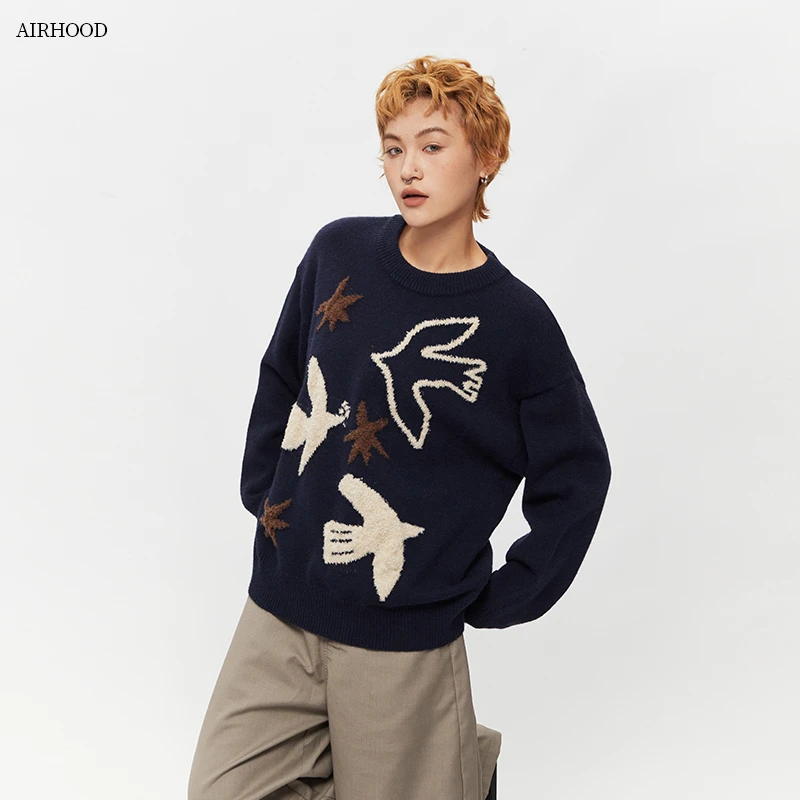 AIRHOOD国潮格子提花复古长袖毛衣女秋季圆领宽松慵懒风百搭N5442