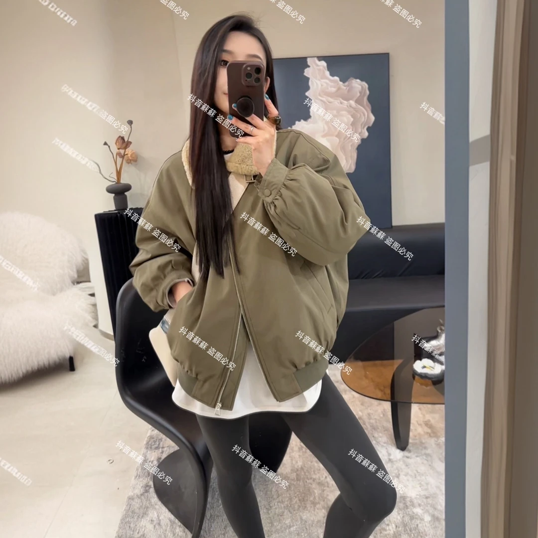 韩系拼接毛毛领2024秋冬新款中长款棉衣工装夹克棉服外套