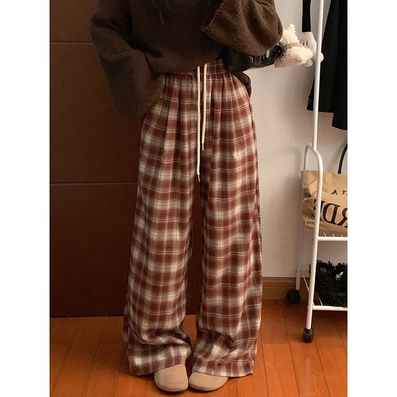 【现货】2025新款春秋高腰显瘦休闲裤韩系气质洋气大脚裤格子阔腿裤