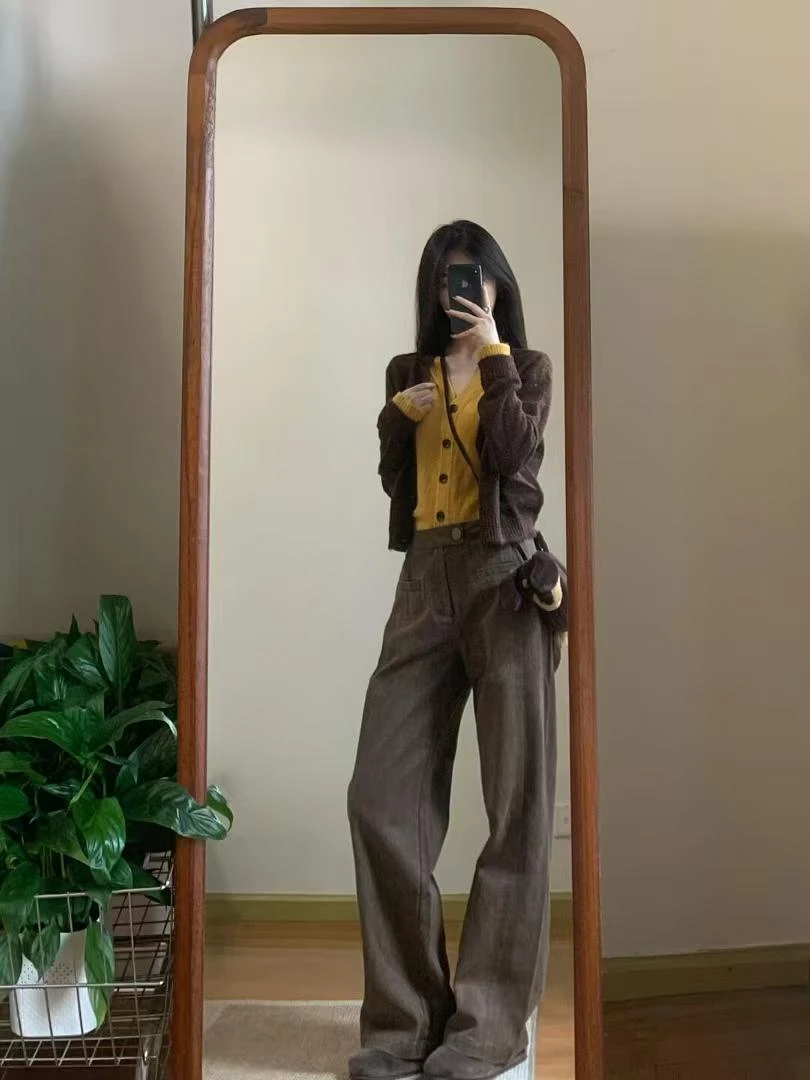 【复古老钱】时尚气质高级感假两件设计师高腰棕色直筒长裤减龄显瘦