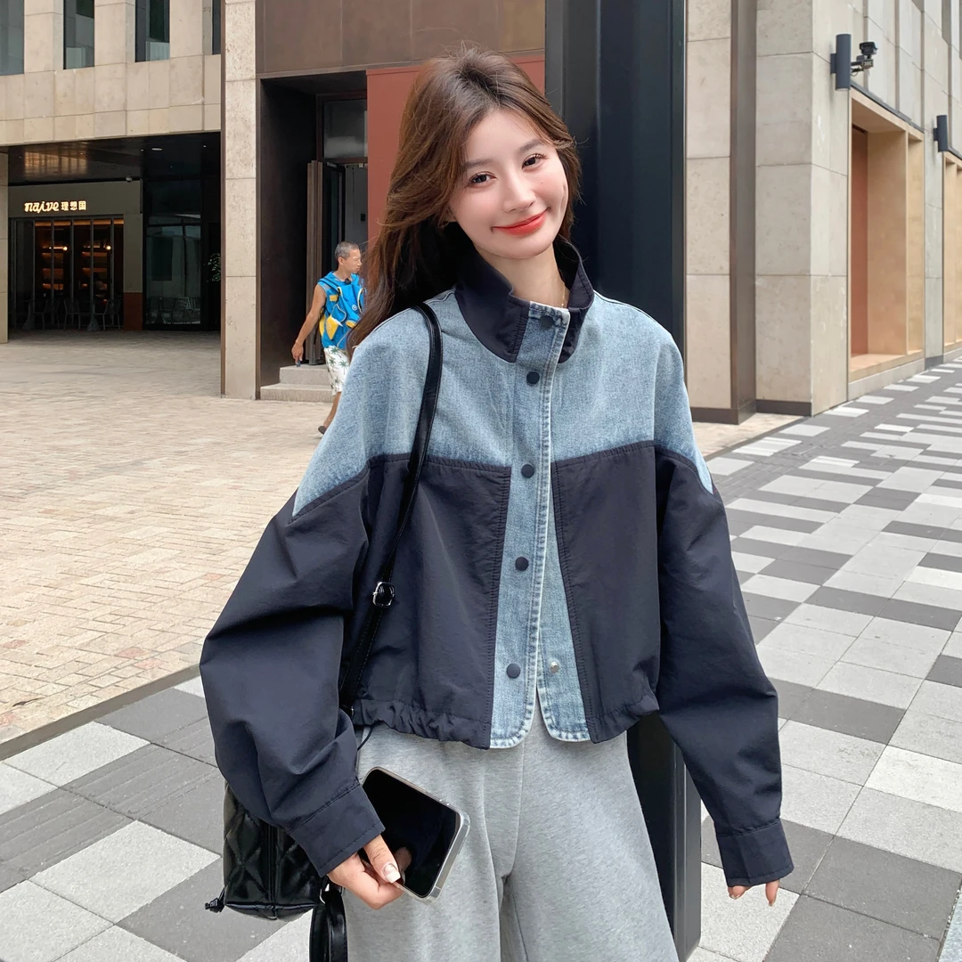 港风百搭复古牛仔拼接撞色外套女2025春秋新款设计感减龄显瘦夹克