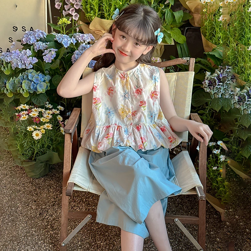 女童夏装套装2025新款儿童夏季棉布背心上衣女孩阔腿七分裤两件套