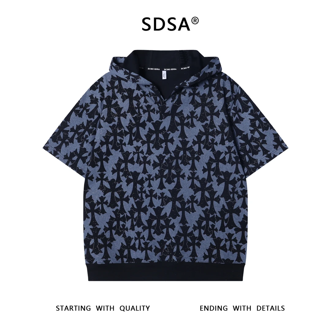 夏季高级感新款男士满天星十字连帽短袖T恤小众设计撞色百搭上衣