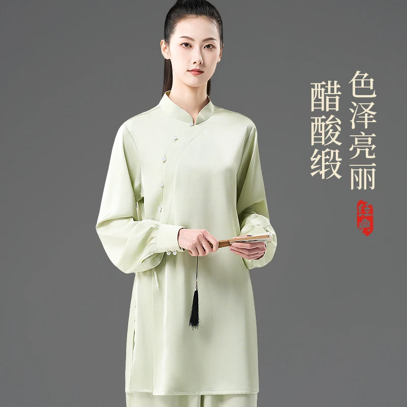 高档醋酸缎女款斜襟太极服春夏秋季中长款休闲练功服太极拳服装