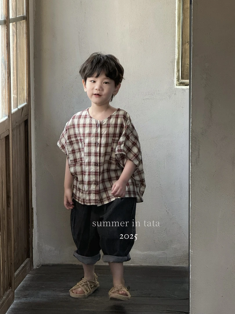儿童复古格子衬衫夏季薄款棉麻短袖中小童休闲复古上衣
